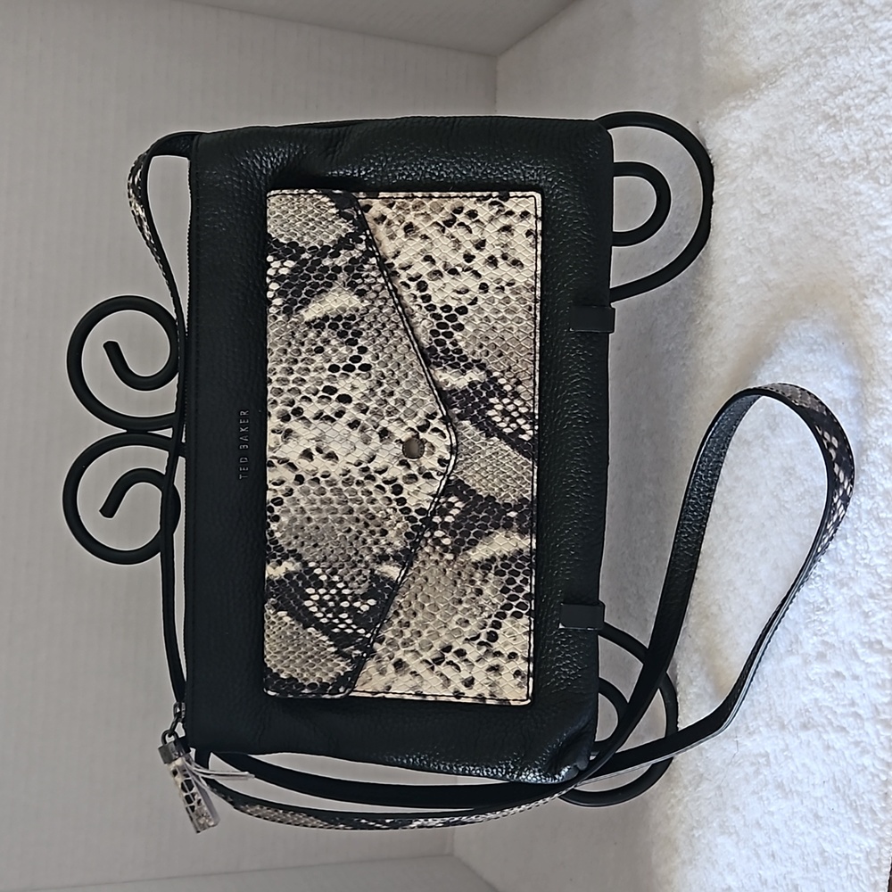 Ted Baker | Women's Crossbody Black Exotic Animal Snake Print Tassels Bag - Picture 2 of 16